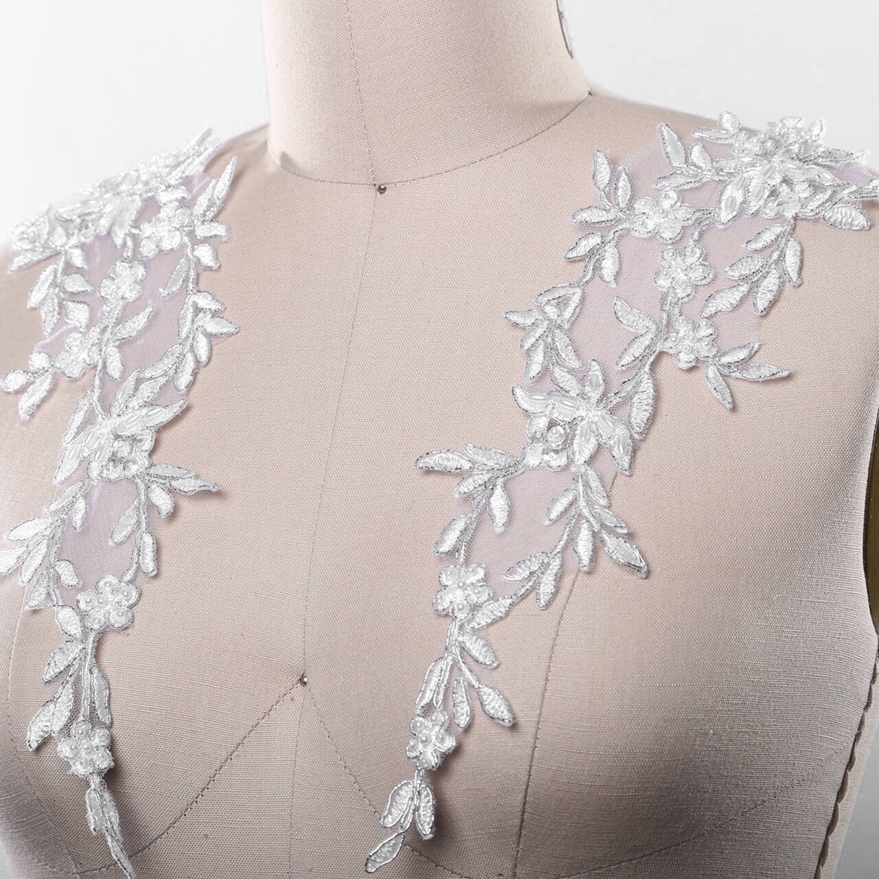 1 Pair Silver White Alencon Lace Applique with Sequins and Elongated Leaf Design